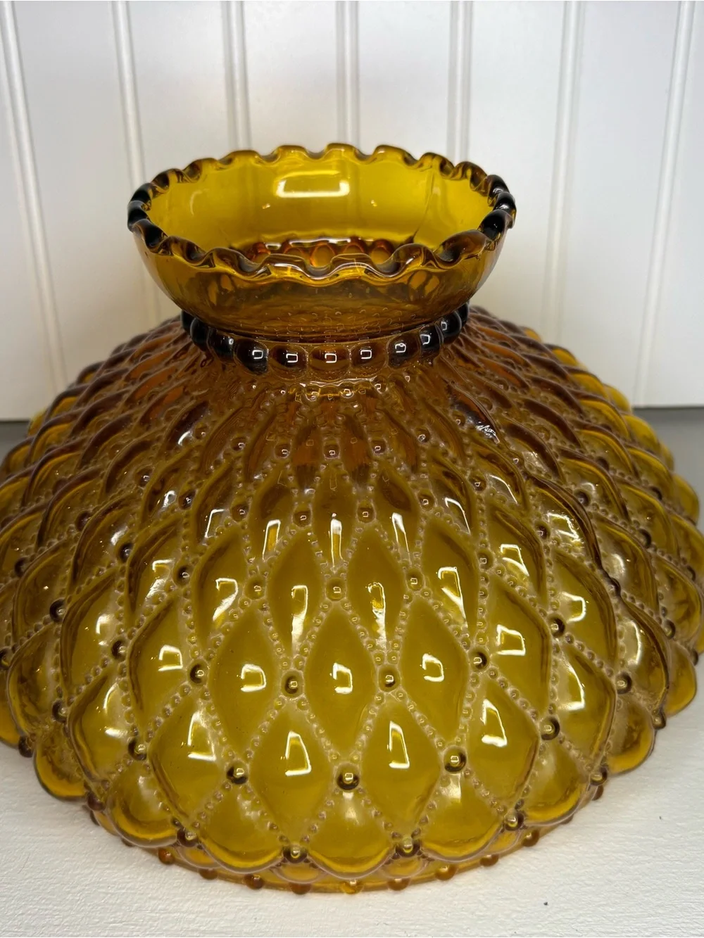 VTG Large 10” Fitter Amber Glass Hurricane Lamp Shade Diamond Quilted Ruffle